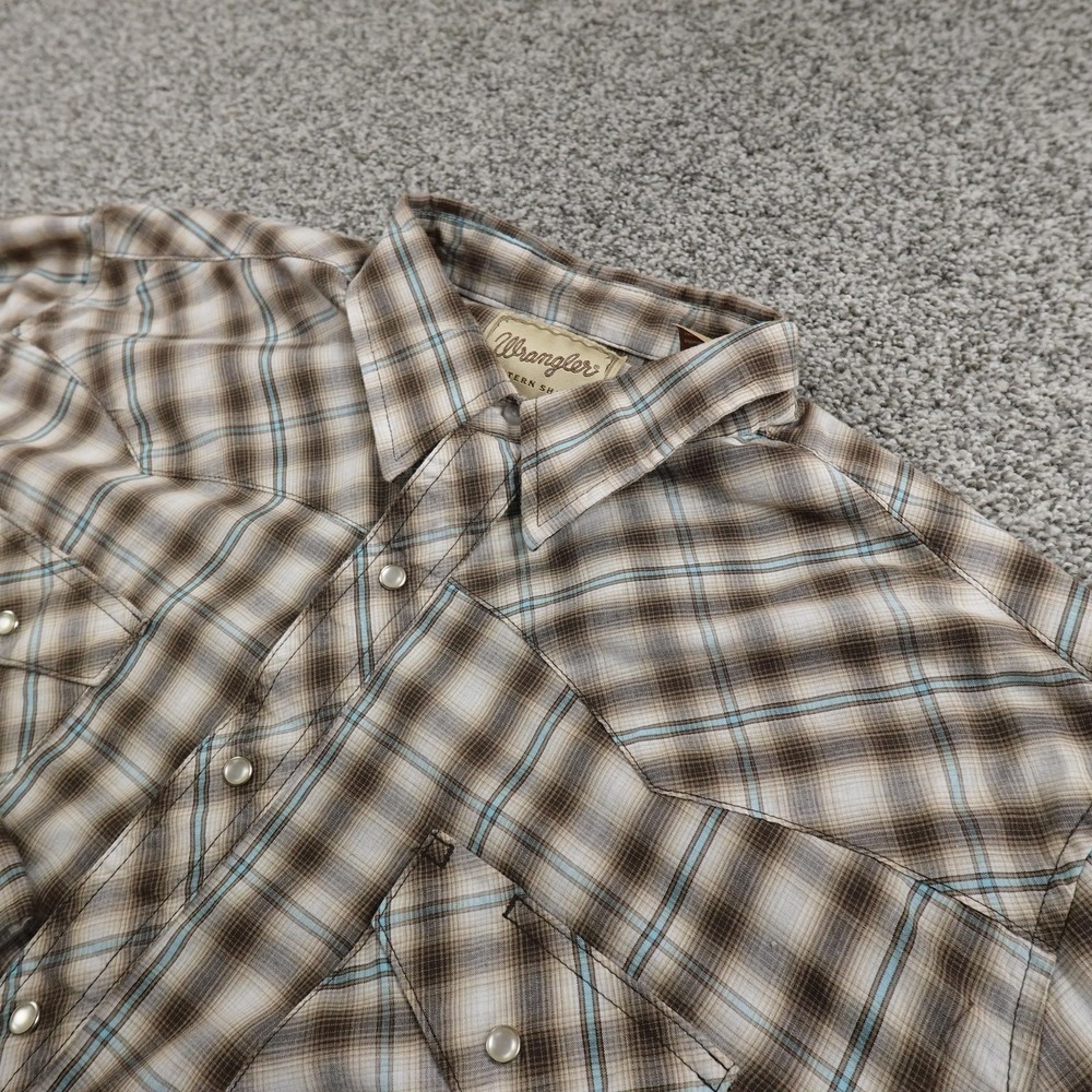 Wrangler Shirt Mens 2XL Brown Plaid Western Pearl Snap Long Sleeve Cowboy Rodeo